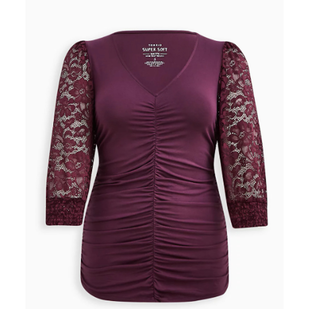 TORRID SIZE 3 LACE V-NECK RUCHED FRONT LONG SLEEVE TOP SIZE 22-24, 3X
